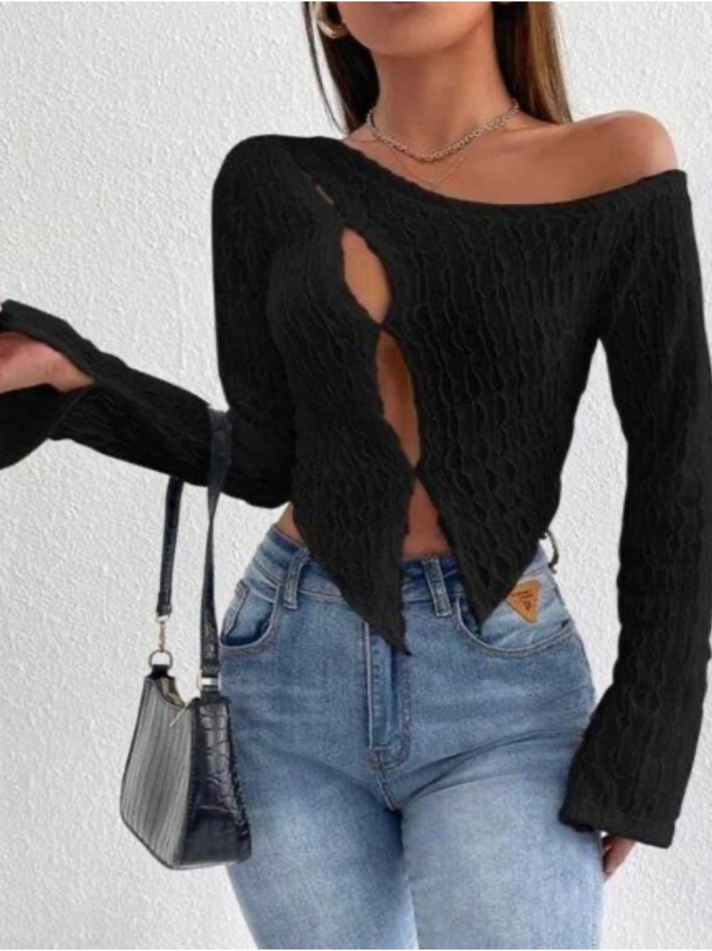 Shein Petite Cut Out Asymmetrical Neck Split Cuff Crop Top
